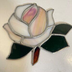 Handcrafted Stained Glass Rose Sun Catcher With Pink & White Petals Green Leaves